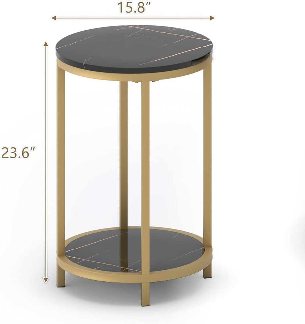 Round Side Table, Modern Nightstand End Table with Gold Metal Frame &Faux Marble Top