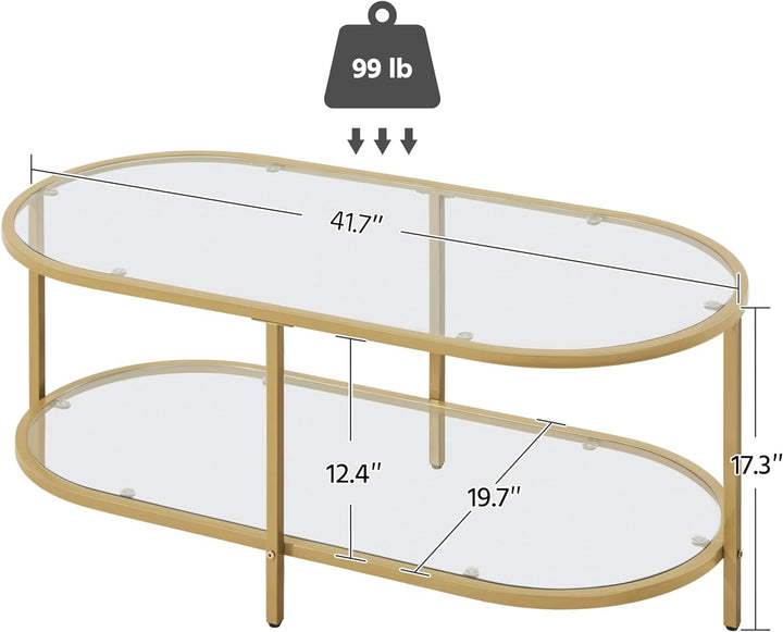 Elegant Gold Coffee Table, Oval Glass Top with Storage Shelf, Metal Frame