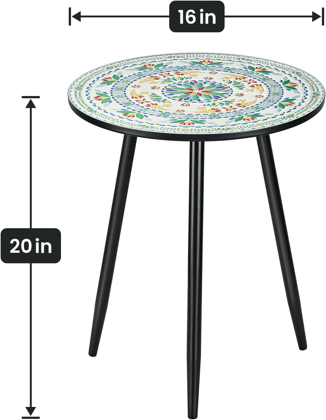 Round Side End Table, 16" Unique Relief Ceramic Tile Table Top with Metal Structure