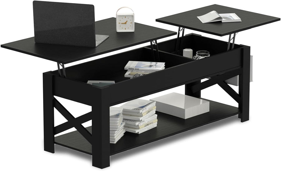 Versatile Lift-Top Coffee Table, Hidden Storage, Open Shelf, Black