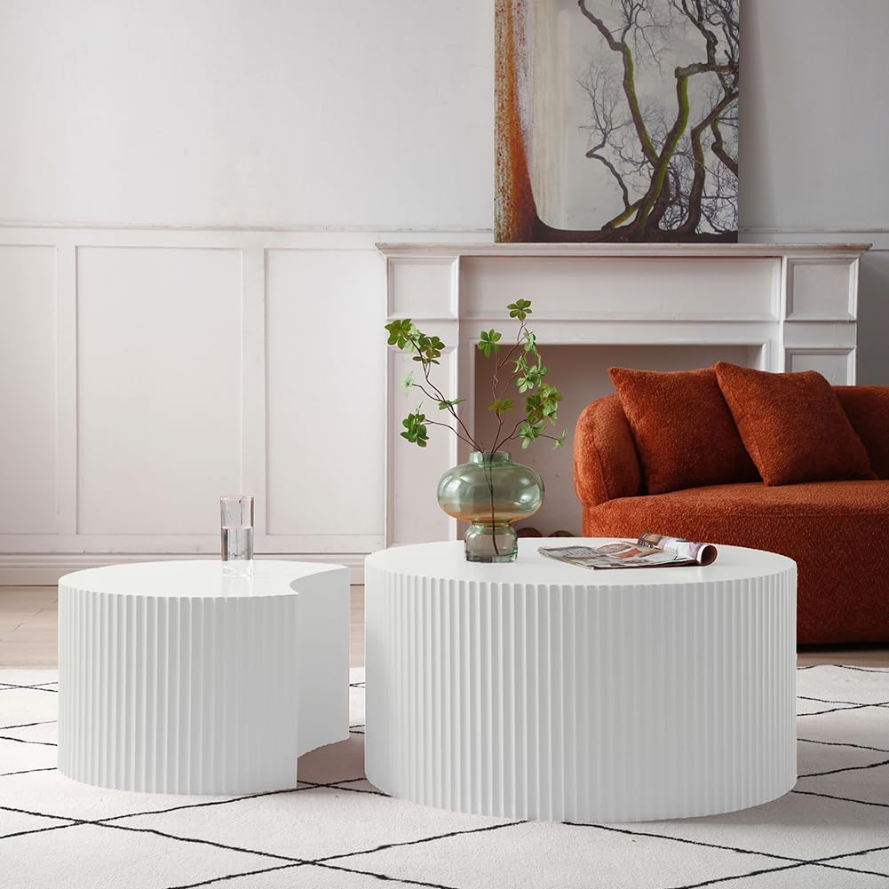 Modern Luxury Nesting Coffee Table Set, Wood Circle Drum, Round-white-2