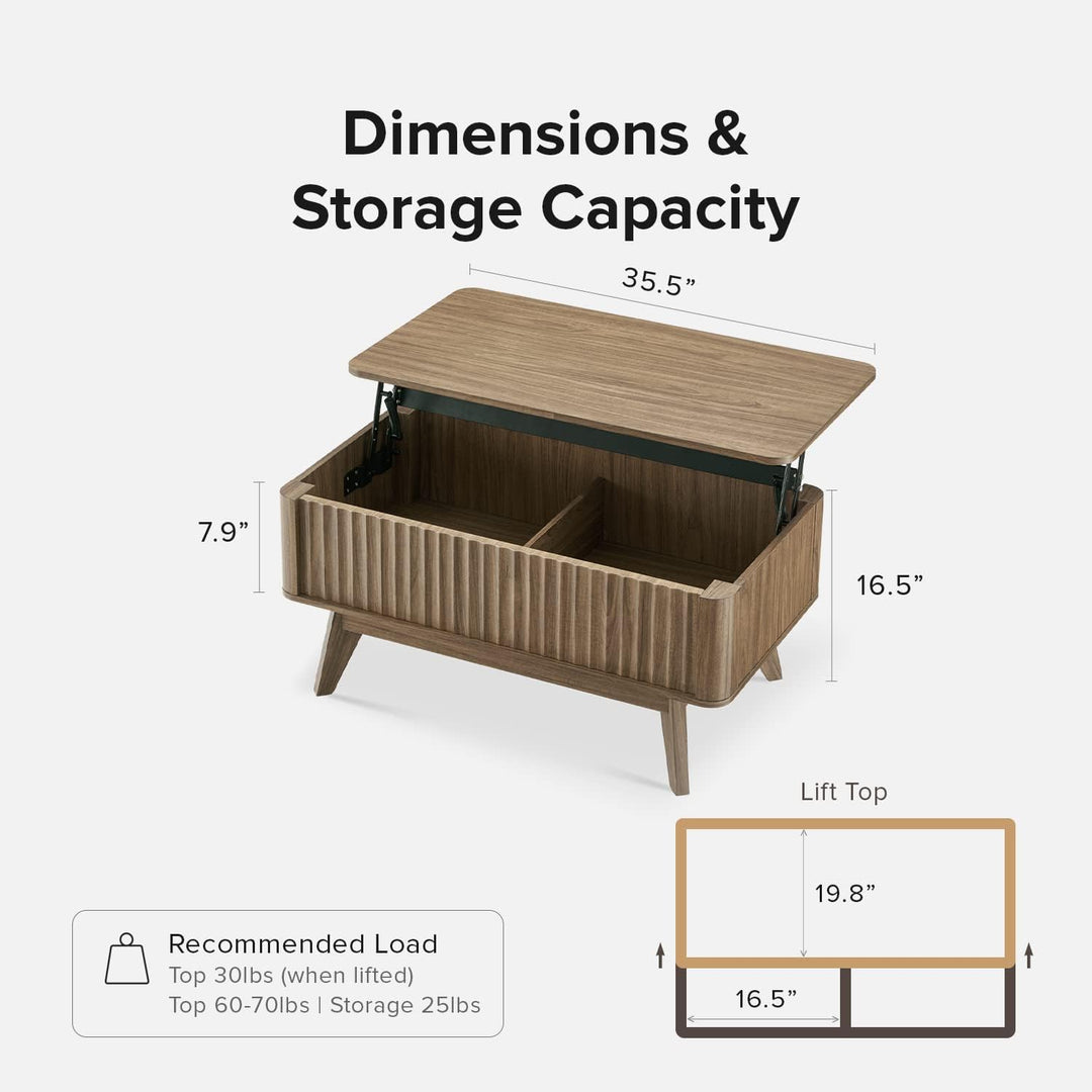 Mopio Mid-Century Modern Lift Top Coffee Table, Waveform Panel with Hidden Storage, Sleek Curved Profile, Natural Walnut