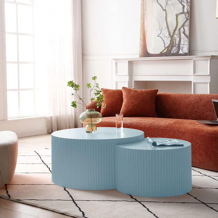 Modern Nesting Coffee Table Set, Wood Circle Drum Side Tables, Blue