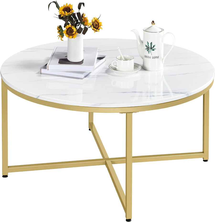 Faux Marble Coffee Table, 35.5-inch Round Center Table, White and Gold