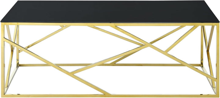 Modern Rectangular Glass Coffee Table, Black Tempered Glass Top, Gold