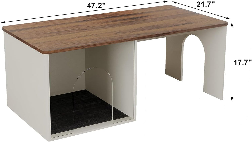 Farmhouse Coffee Table with Cat House, Wooden Modern Accent, White & Brown