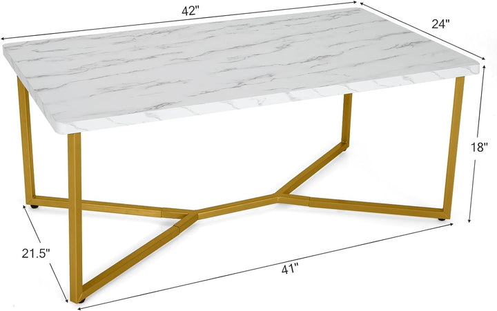 Modern Coffee Table with Faux Marble Top, Golden Legs, White, Golden