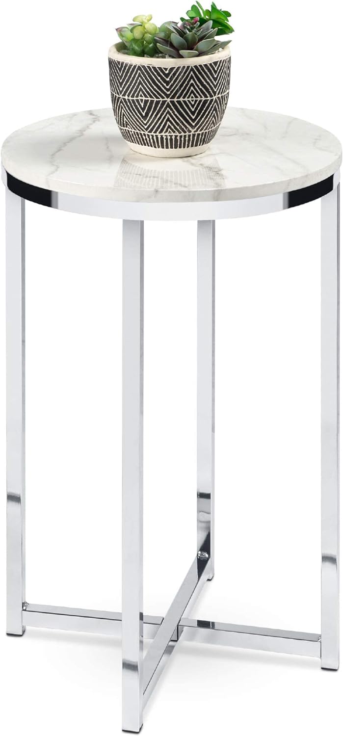 16in Faux Marble Accent Table - White/Chrome