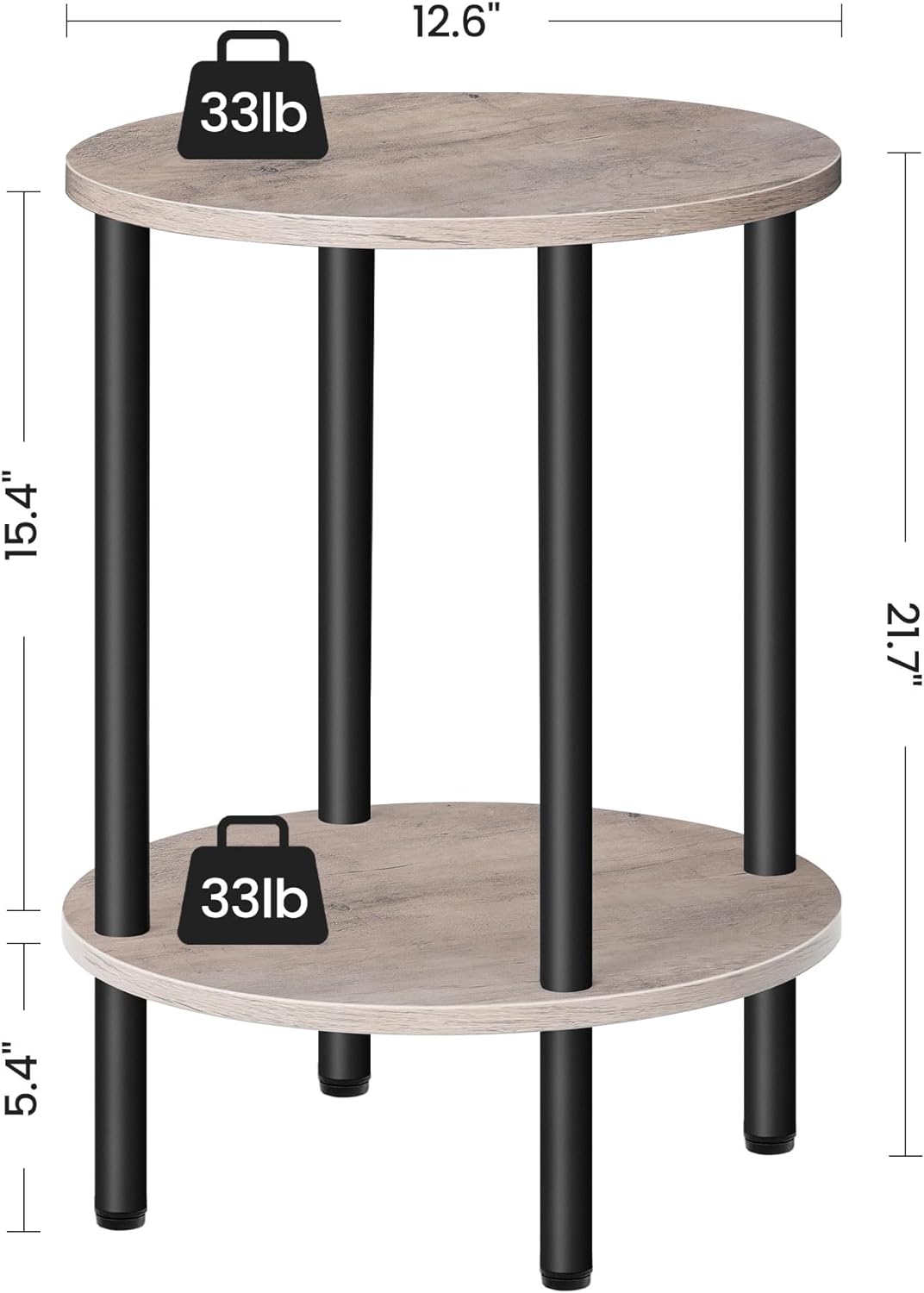 Round Side Table Set of 2, 2-Tier End Table, Greige Black