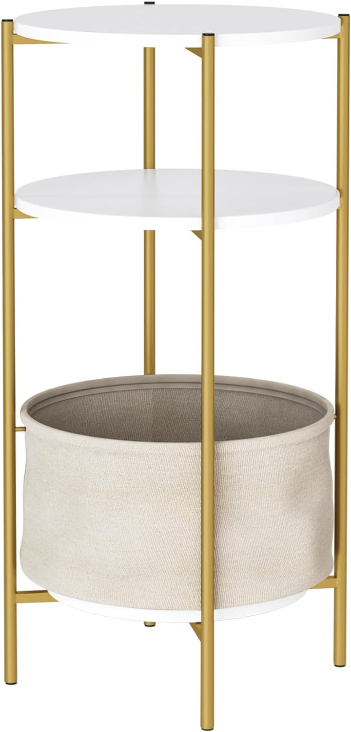 Round End Table, 3-Tier Side Table Accent, White/Gold