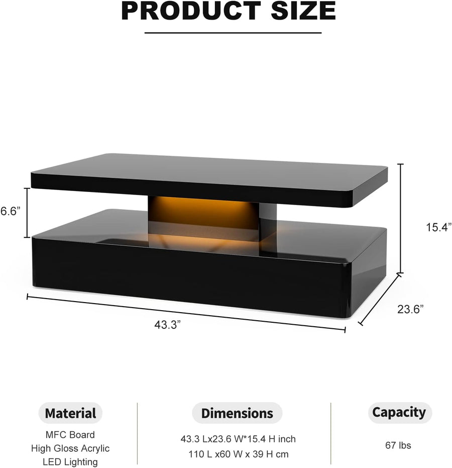 Modern High Glossy Black Coffee Table with LED Lights, Contemporary