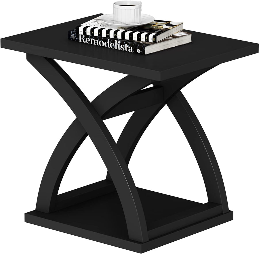 End Table, Modern Side Table with Storage Black