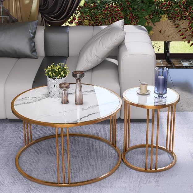 Elegant Modern Coffee Table Set, Slate with Steel Frame, Golden