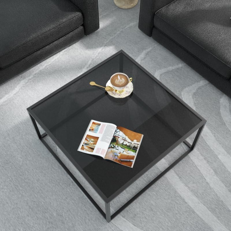 Sleek Black Glass Coffee Table, Modern Square Accent Table