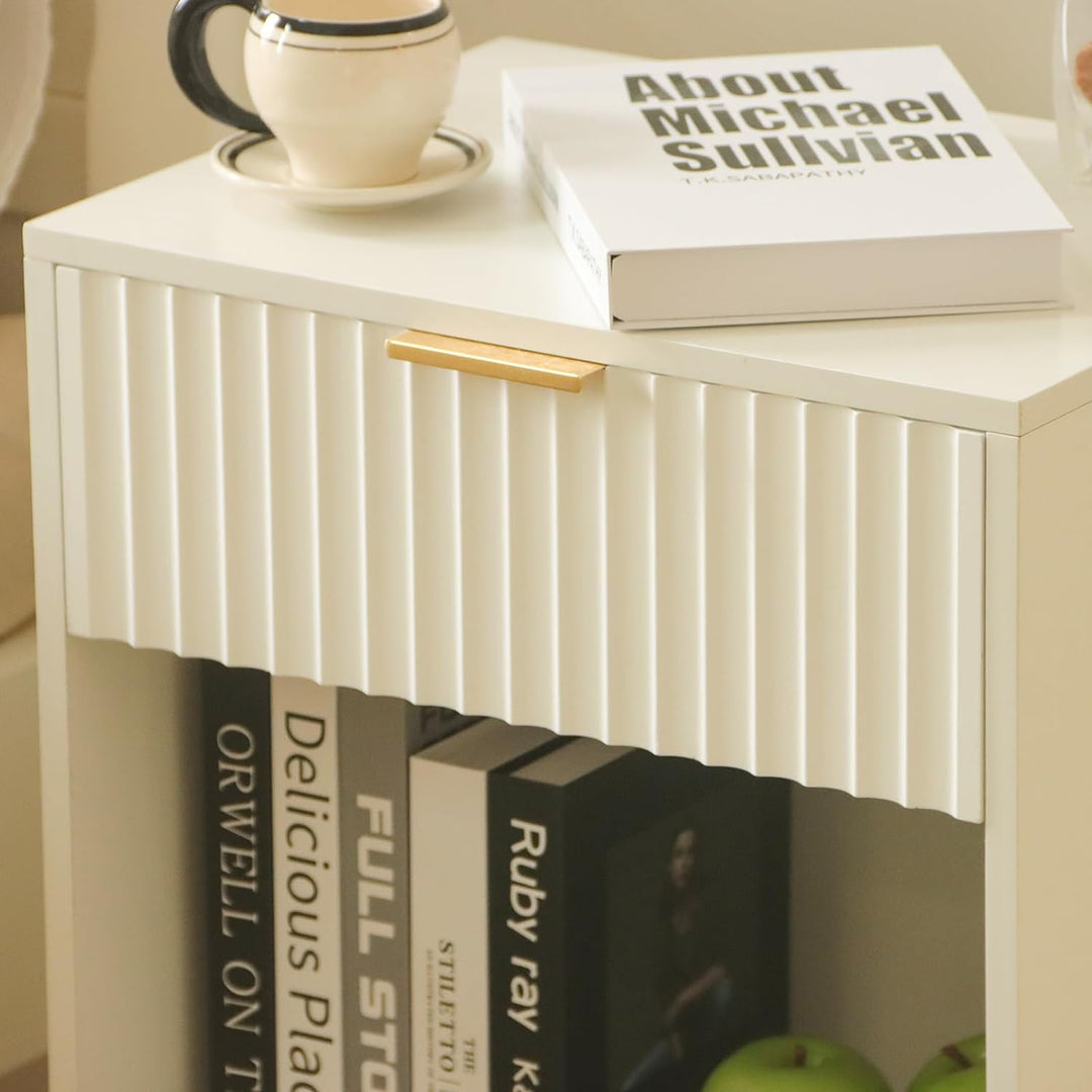 White Nightstand, Modern Bedside Table with Drawer Storage