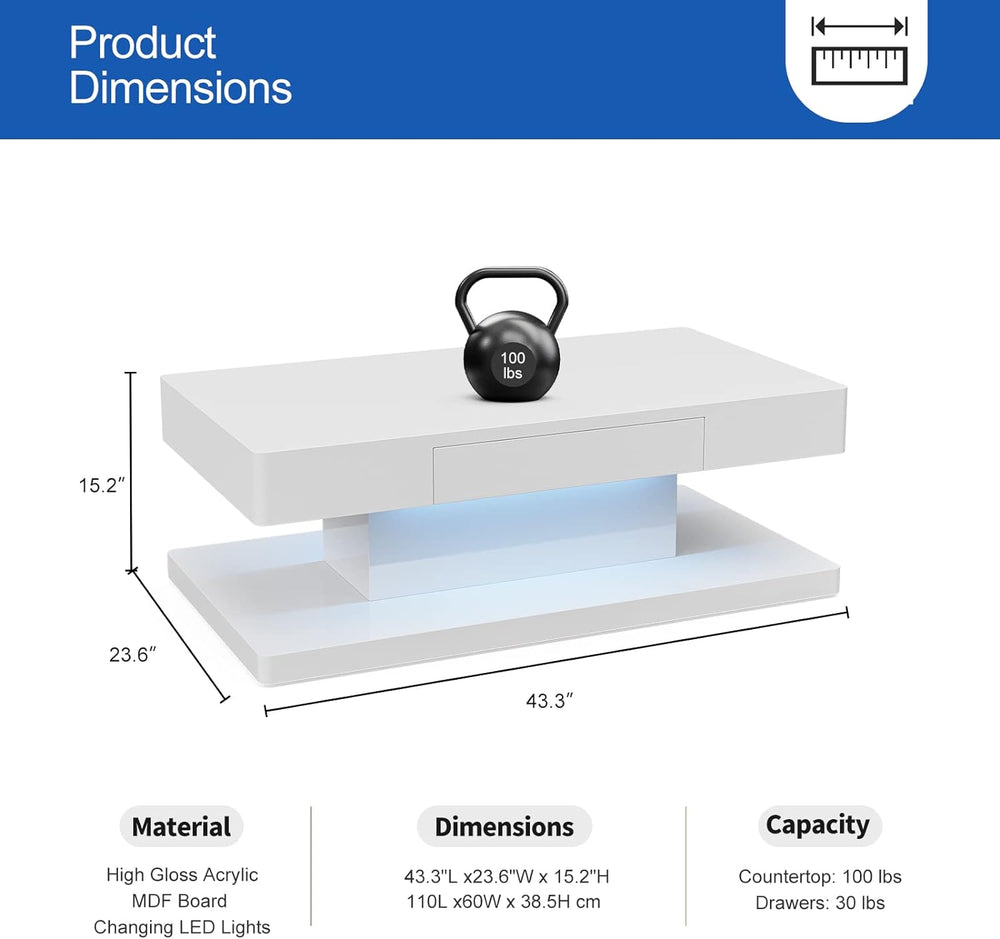 IKIFLY Modern LED Coffee Table, White High Glossy Rectangle