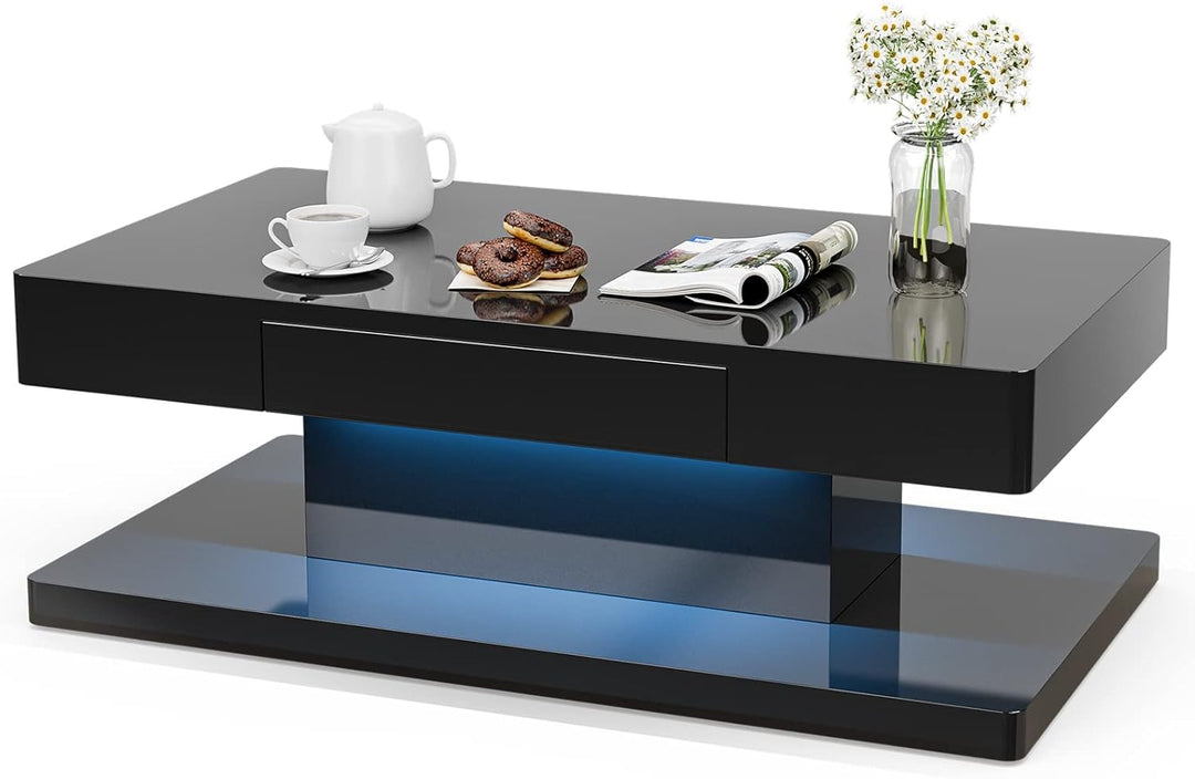 Modern LED Coffee Table with Drawer, Black High Glossy Rectangle Coffee End Table with 16 Color Lighting