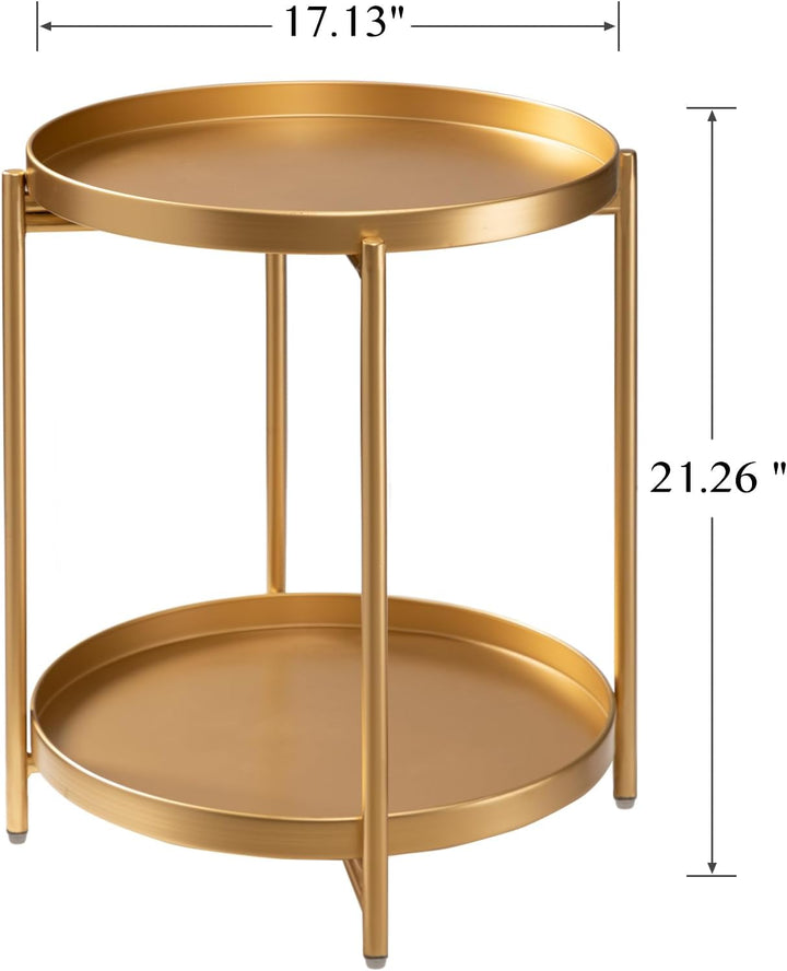 2 Tier Gold Side Table, Folding Round Metal End Table