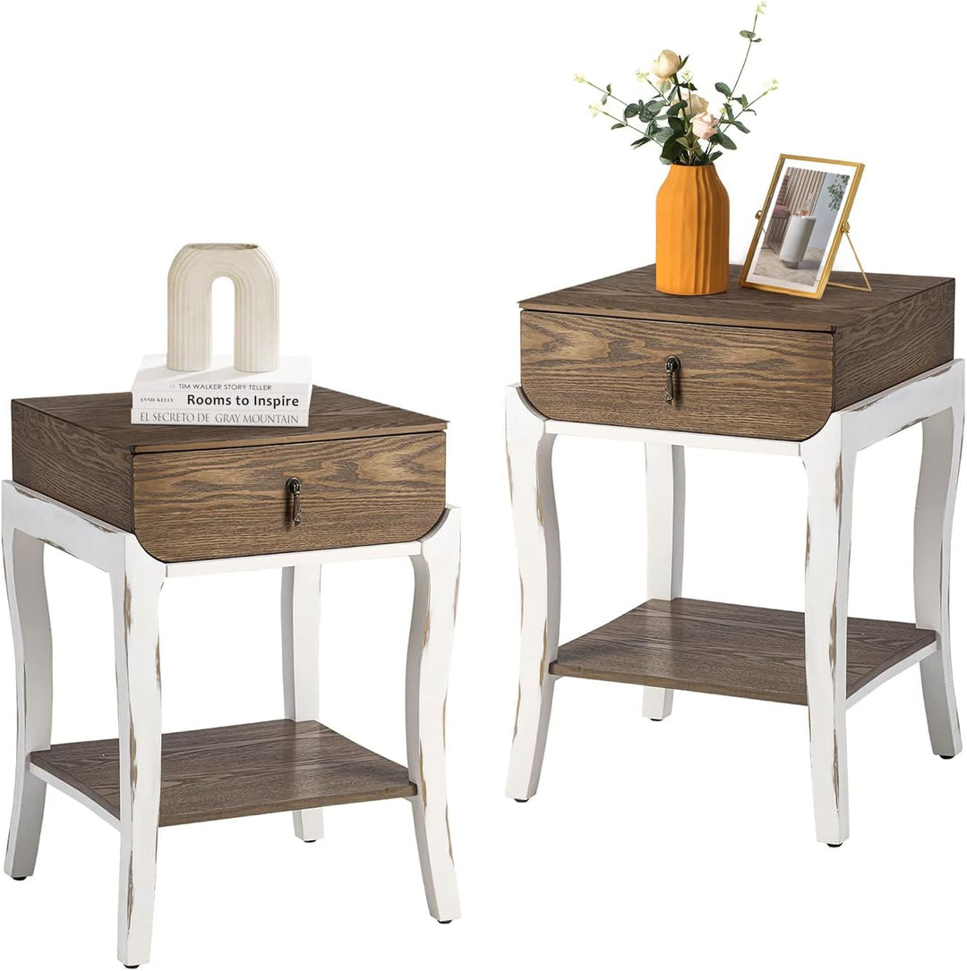 2 Rustic Nightstand, 2-Tier Farmhouse Bedside Table