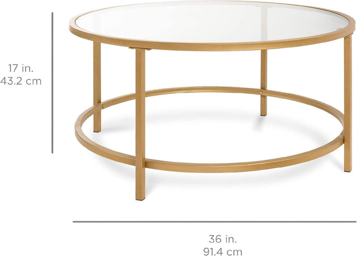 Modern Round Tempered Glass Accent Side Coffee Table, Bronze Gold