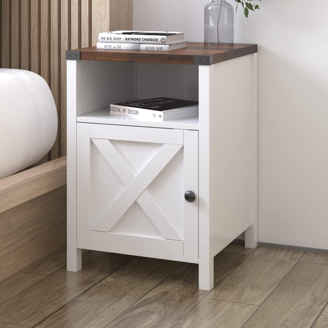 Farmhouse End Table, Rustic End Table with Barn Door and Shelf