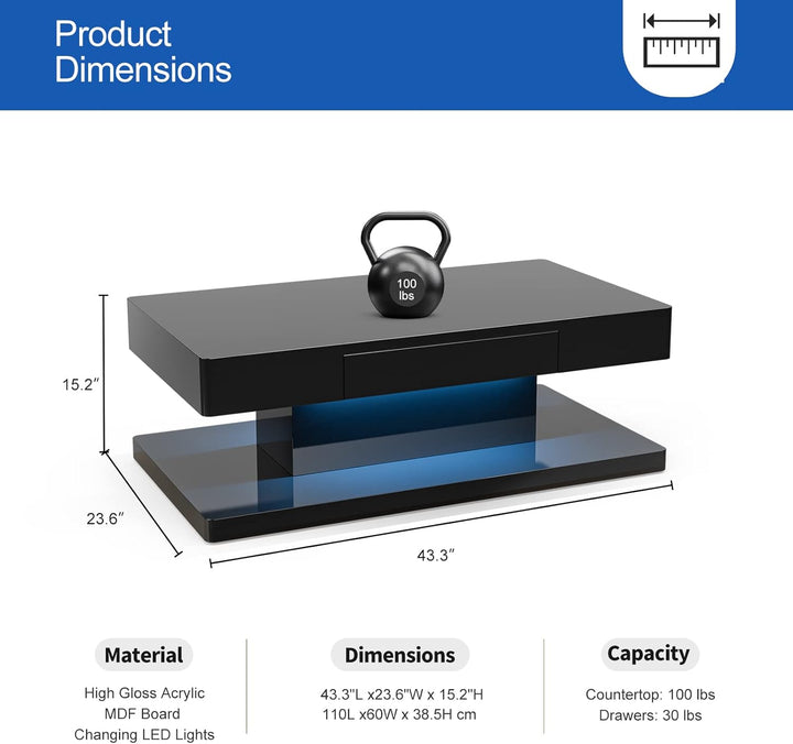 Modern LED Coffee Table with Drawer, Black High Glossy Rectangle Coffee End Table with 16 Color Lighting