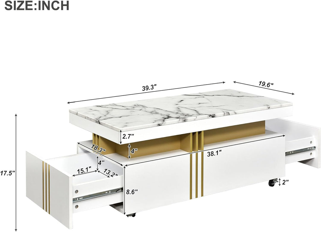 Faux Marble Coffee Table, Caster Wheels, Drawers, Gold Bars, White