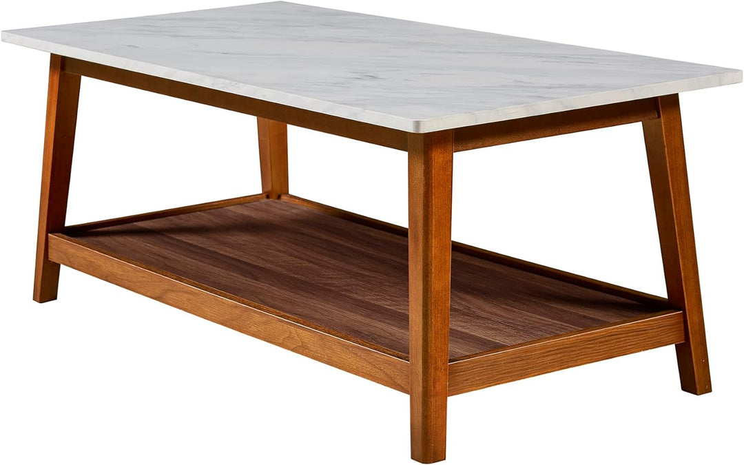 Wooden Coffee Table with Marble-Look Top, Walnut