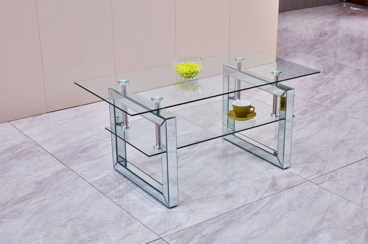 Glass Coffee Table, Modern Design with Lower Shelf, Mirrored Legs, Transparent