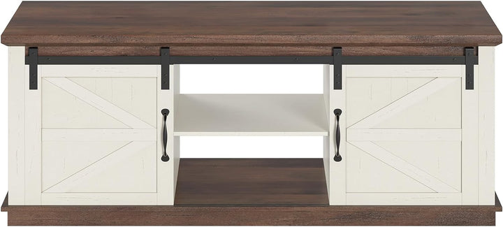 Farmhouse Coffee Table w/ Storage, Sliding Barn Doors, Rustic (White, Brown)