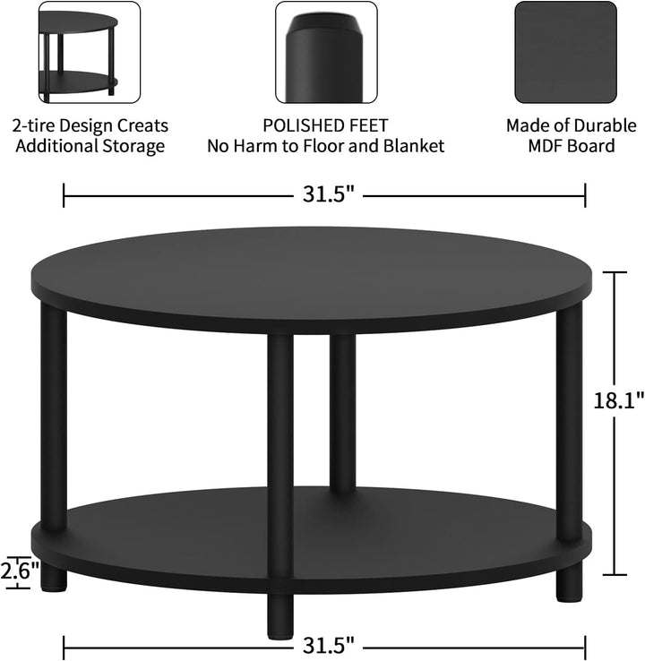 Round Coffee Table with Open Storage Shelf, 2 Tier Black Wooden