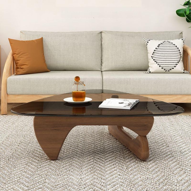 Triangle Glass Coffee Table, Mid-Century Modern End Table, Walnut Teal