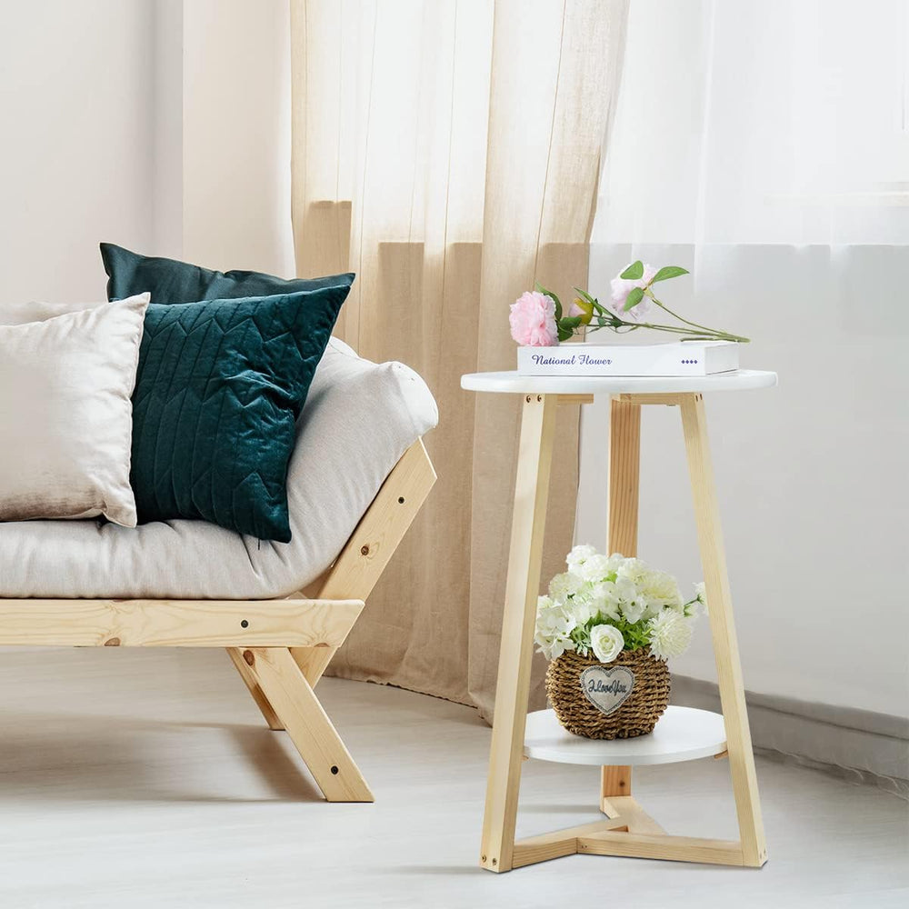 Round Two-Tier White End Table for Small Spaces