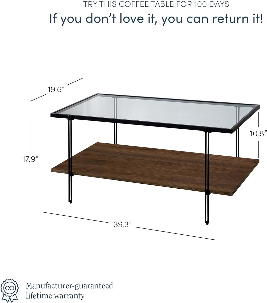 Mid-Century Rectangle Coffee Table, Glass Top, Wood, Walnut, Black