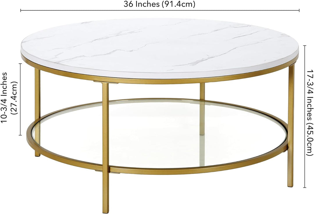 Faux Marble Top Round Coffee Table, Modern Design, Gold