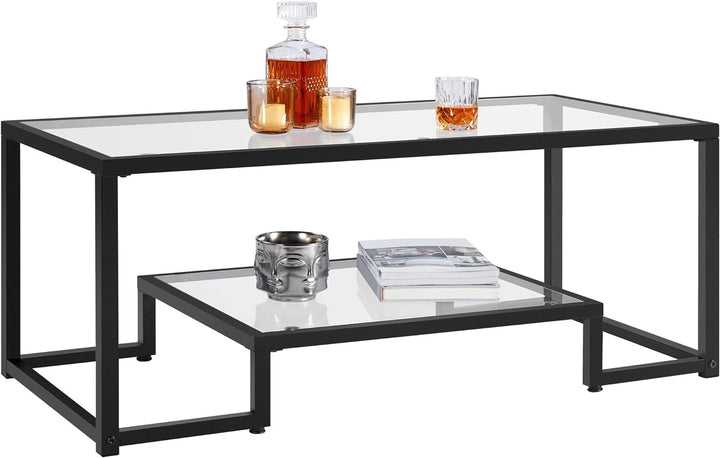 Tempered Glass Coffee Table, Geometric Design, Metal Frame, Black