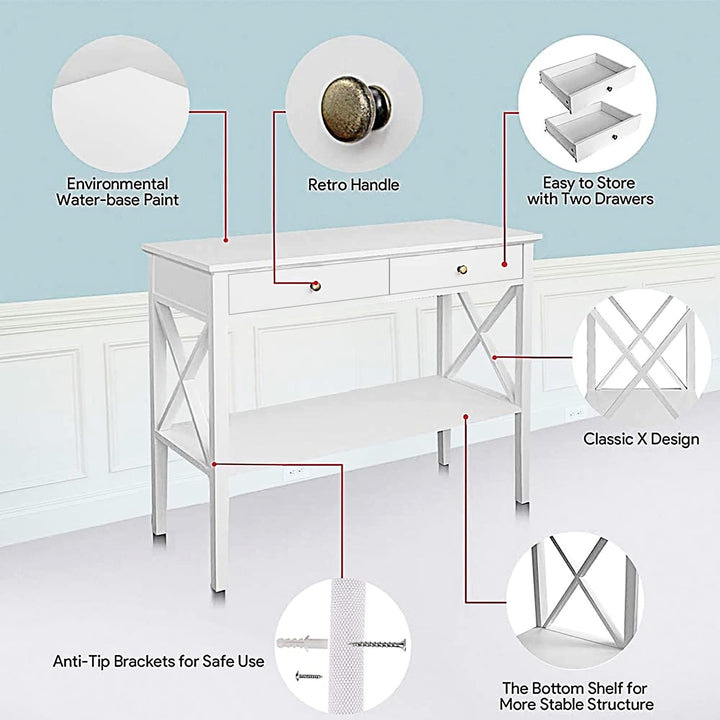 Console Table with Drawers, Narrow Wood Accent