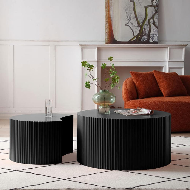 Black Round Coffee Table Set of 2, Modern Drum Coffee Tables (Matte-Black)