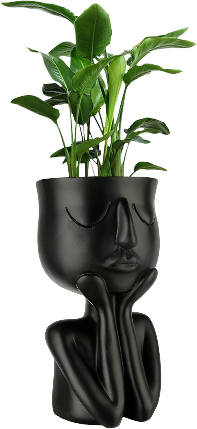 Unique Face Planter | Indoor and Outdoor Head Pot Designs for Succulents and Seeds, Black