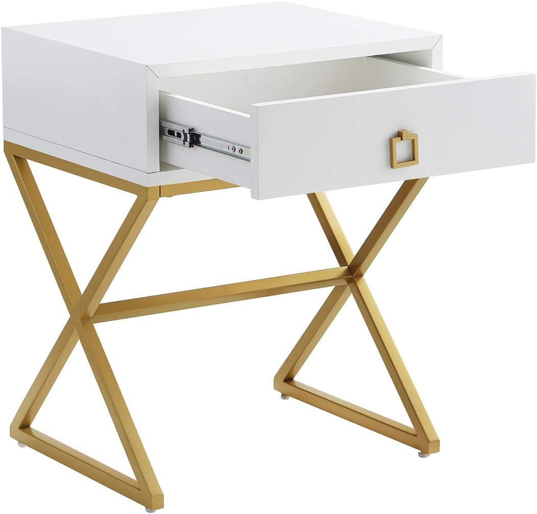 Modern Side Table with Drawer End Table White/Gold