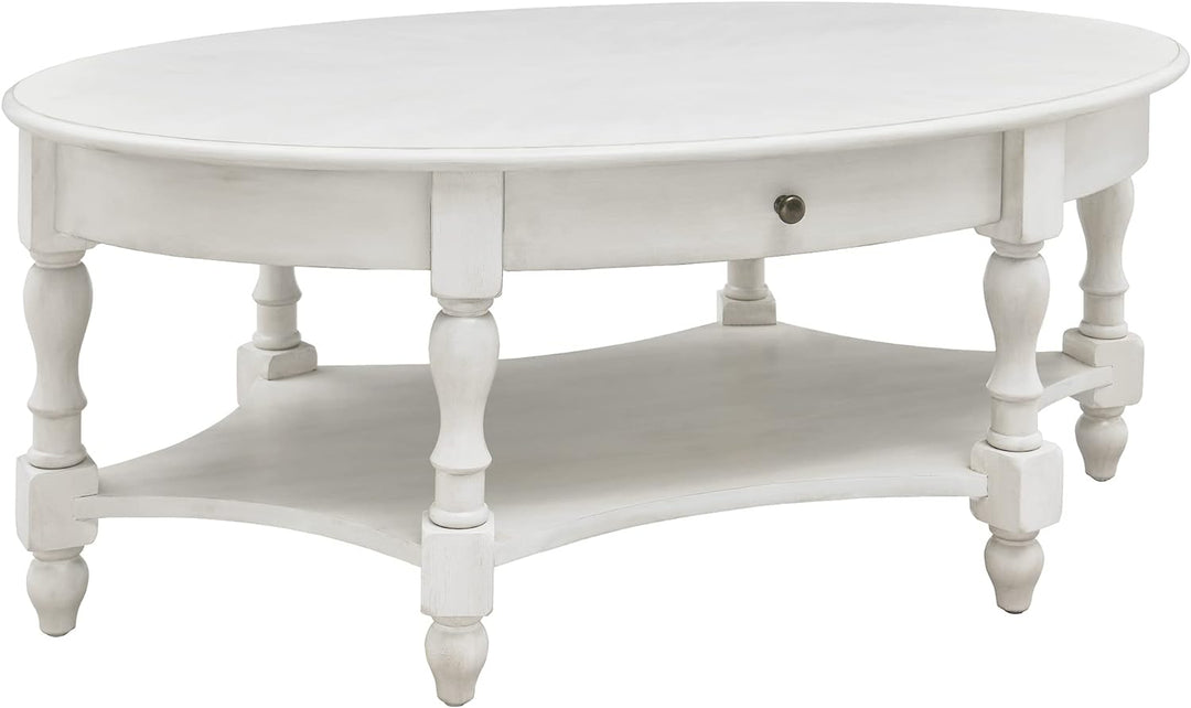 Elegant 2-Tier Oval Coffee Table, Solid Wood Victorian Style, Grey White