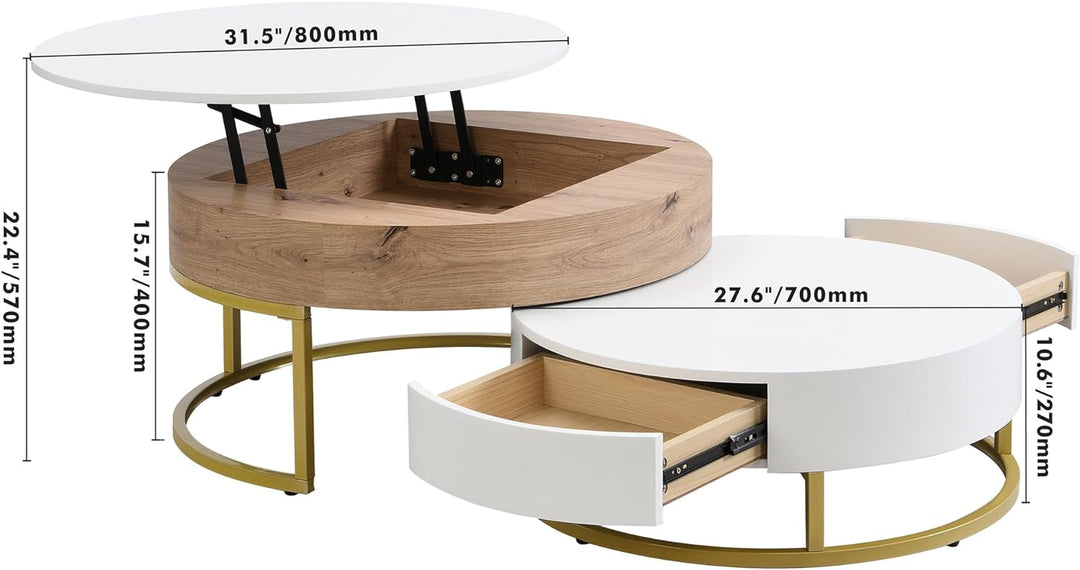 Modern Round Lift-top Nesting Coffee Tables, Oak Natural Wood Antique White