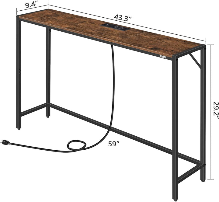 Console Table, Narrow Sofa Table, 43.3" Entrance Table with Power Station, Rustic Brown and Black CTHR112E01