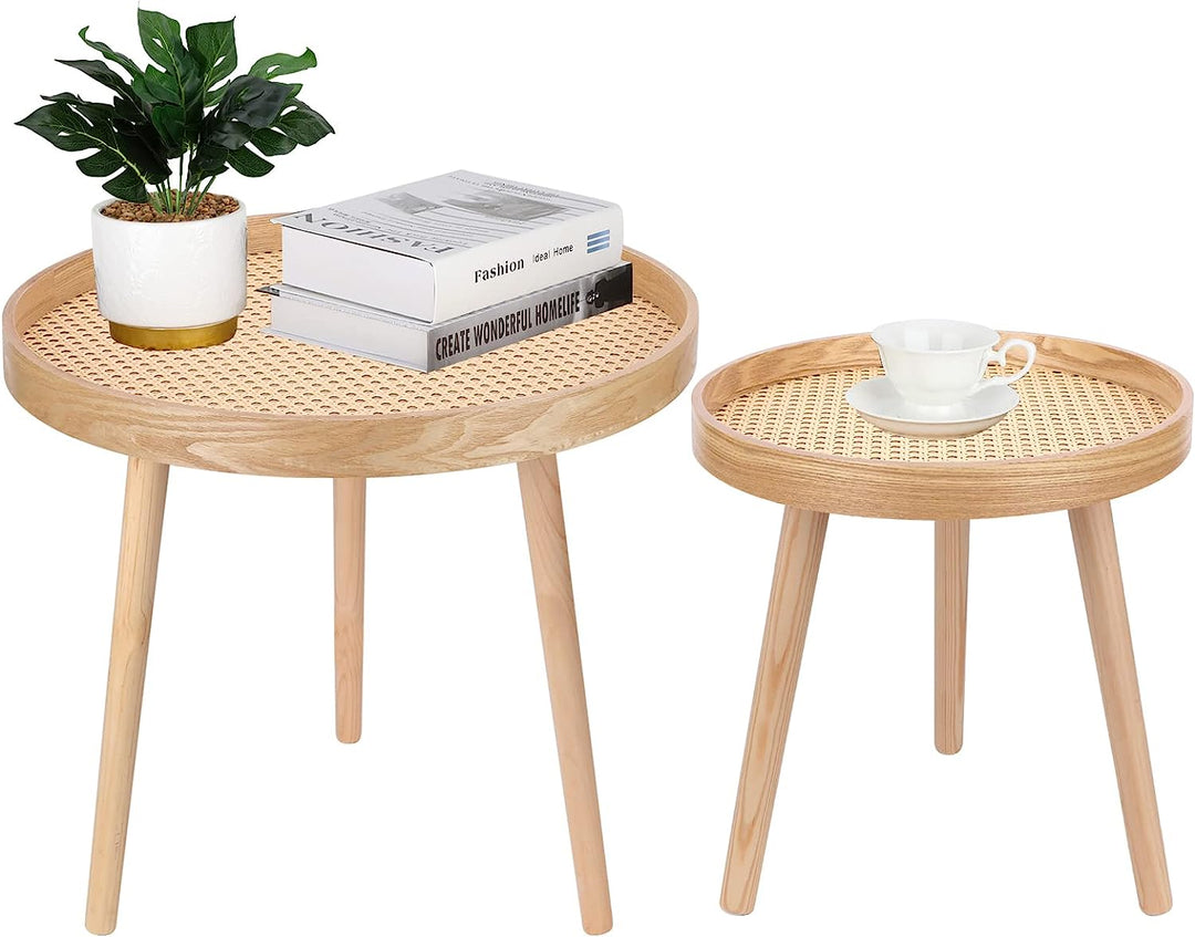 Round Boho Coffee Table Set, Natural Rattan Side Tables