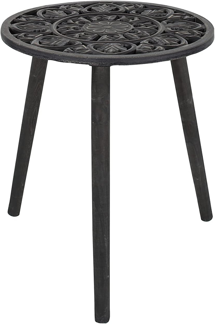 Wood Floral Intricately Carved Accent Table, Black