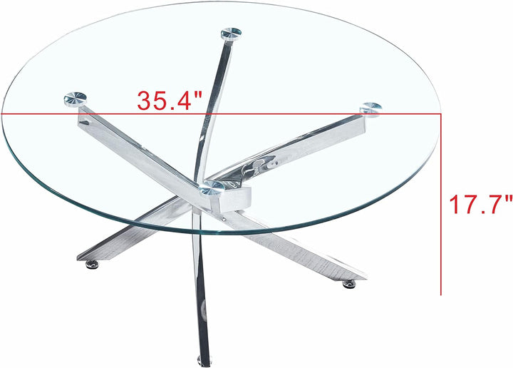 Pvillez Modern Glass Coffee Table, Round Center Table, Silver