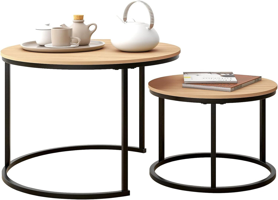 Industrial Round Coffee Table Set, Stacking Side Tables, Black and Teak