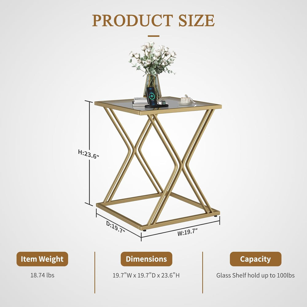 Glass End Table, Gold Side Table, Modern Nightstand