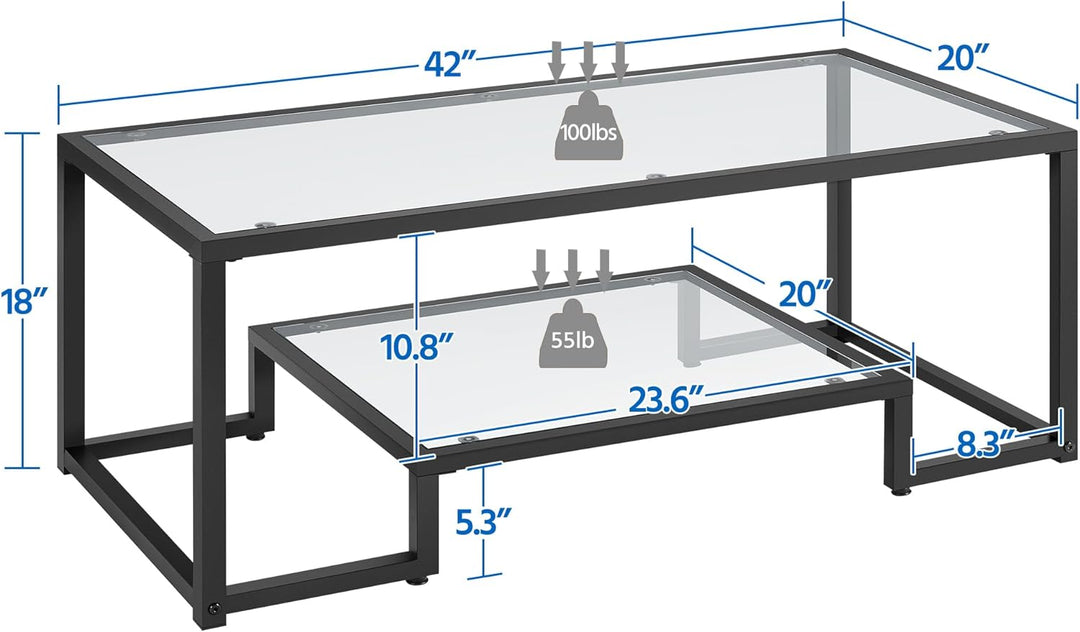 Tempered Glass Coffee Table, Geometric Design, Metal Frame, Black