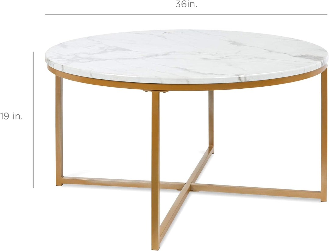 Faux Marble Accent Table, Modern End Table - White/Gold